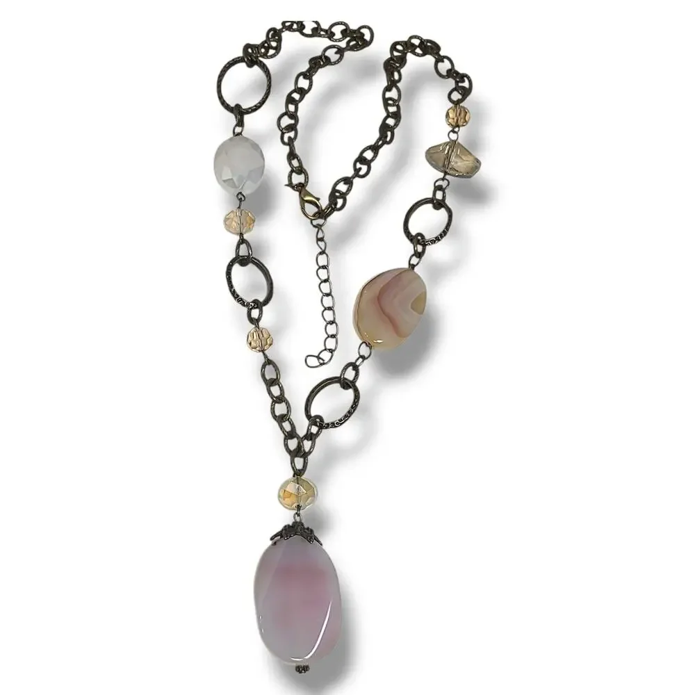 Rose Quartz & Crystal Y-drop Necklace Antique Gold Tone 22